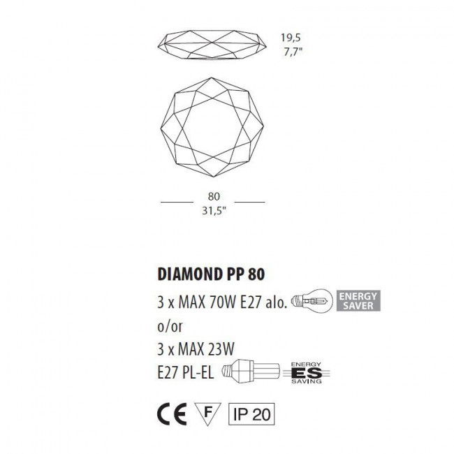 Настенно-потолочный светильник Morosini Diamond PP80 0460PP06BIIN Настенно-потолочный светильник Morosini Diamond PP80 0460PP06BIIN