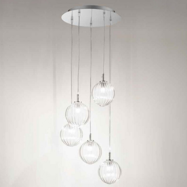 Подвесной светильник Renzo Del Ventisette Ohlala L14555/5 DEC. cromo SFERE TRASP. RIGATO Подвесной светильник Renzo Del Ventisette Ohlala L14555/5 DEC. cromo SFERE TRASP. RIGATO