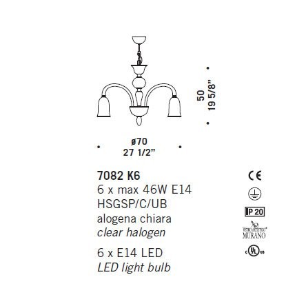 Люстра De Majo 7082 K6 070820K20 Люстра De Majo 7082 K6 070820K20