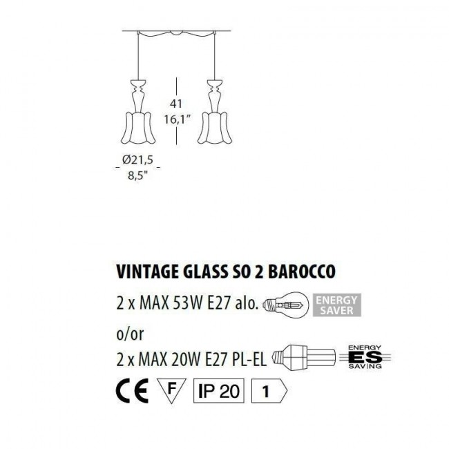 Подвесной светильник Evi Style Vintage glass SO2 Barocco ES0224SO04CC Подвесной светильник Evi Style Vintage glass SO2 Barocco ES0224SO04CC