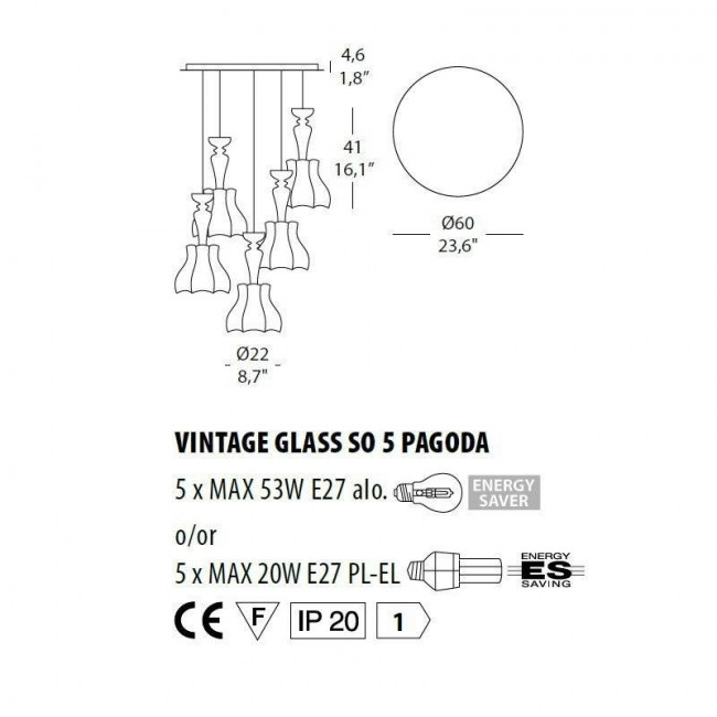 Подвесной светильник Evi Style Vintage glass SO5 Pagoda ES0226SO04SR Подвесной светильник Evi Style Vintage glass SO5 Pagoda ES0226SO04SR