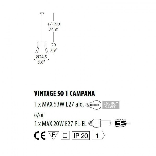 Подвесной светильник Evi Style Vintage SO1 Campana GL ES0242SO04GL Подвесной светильник Evi Style Vintage SO1 Campana GL ES0242SO04GL