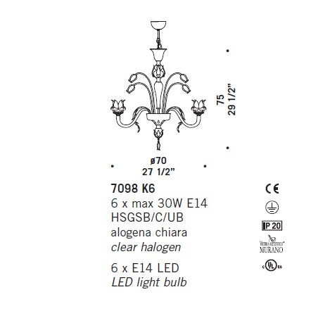 Люстра De Majo 7098 K6 070980K20 Люстра De Majo 7098 K6 070980K20